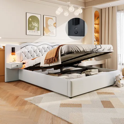 okwish Polsterbett mit Matratze 160x200cm Jugendbett mit integriertem Kopfteil, USB und 2 Nachttischlampen, hydraulischem Stauraumbett mit Bettkasten,Beige