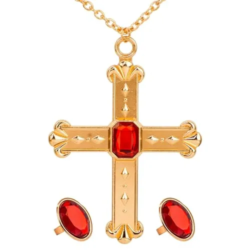 W WIDMANN MILANO Party Fashion 3076C - Kardinal Set, Halskette mit Kreuz und 2 Ringen, Schmuck, Geistlicher, Mottoparty, Karneval