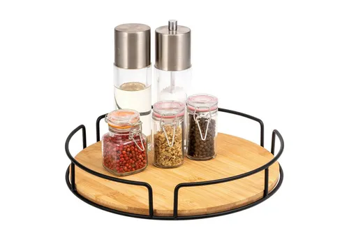 eluno Drehteller Obstschale mit Bambusboden Ø 30 cm, schwarz - Obstschalen aus Metall mit 360° Zugriff, ideal zur Aufbewahrung von Obst, Gewürzen oder im Bad. Praktisch und multifunktional für mehr Ordnung in jedem Raum!