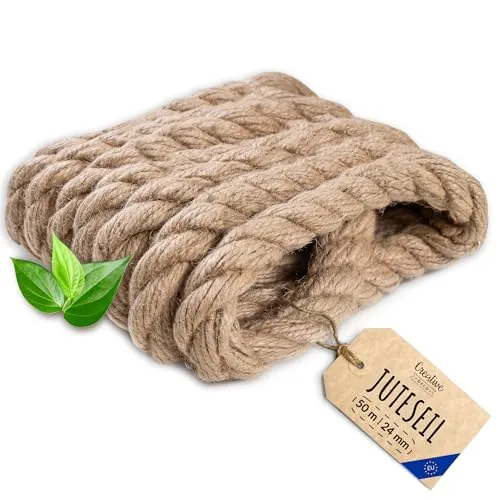 Creative Deco Juteseil Juteschnur | 50m Lang (Personalisierung alle 5m möglich) | 24mm Dickes Seil | Jute Hanfseil Tau Schnur | Gedreht Garn Kordel Naturfaser | Braunes Deko Seil Handlauf DIY Garten
