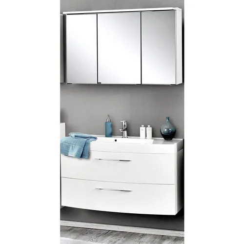 Hochglanz Badezimmermöbel Set 100cm mit LED Spiegelschrank - Modernes Badmöbelset in Hochglanz Weiß mit integriertem LED-Spiegelschrank und Softclose-System für sanftes Schließen. Ideal für stilvolle Badezimmergestaltung.