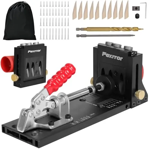 Fexrror Pocket Hole Jig Set, Aluminium Taschenloch Bohrschablone mit Dreitaschenloch, Staubanschluss, Schrägloch Bohrhilfe für Holzbearbeitung, Heimwerken, Handwerk