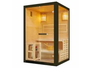 Sanotechnik PANORAMA Black Sauna für 2 Personen - Infrarot-Wärmekabine aus Fichte mit Harvia Ofen, bietet entspannende Wärme und Wohlfühlatmosphäre für Ihr Zuhause.
