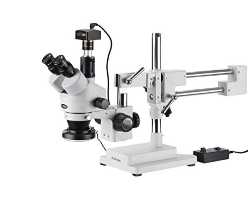 AmScope SM-4TP-144-5M Simul-Focal-Stereo-Zoom-Mikroskop am Doppelarm-Auslegerständer mit 144-LED-Ringlicht und 5-Megapixel-Kamera, 7X-45X, Weiß