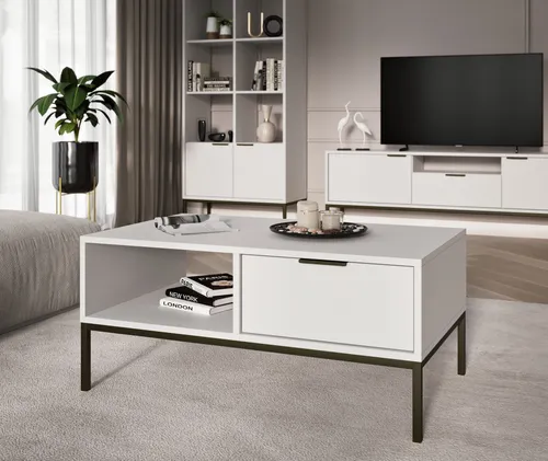 Raumhirsch Couchtisch Austin, Schwarz/Weiß - Moderne Couchtisch-Lösung mit offenem Regal und seitlicher Schublade für praktischen Stauraum. Ideal für stilvolle Wohnzimmergestaltung und in verschiedenen Größen erhältlich.