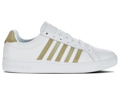 K-Swiss Damen Court Sneaker - Stilvoll und Bequem in Weiß/Cornstalk/Metallic - Damen-Sneaker mit Lederobermaterial, komfortable EVA-Einlegesohle und rutschfester Gummisohle für optimalen Halt und Style.