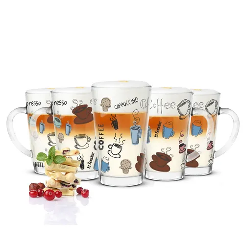 Sendez Latte-Macchiato-Glas 6er Set - Latte-Macchiato-Gläser mit buntem Kaffee-Aufdruck, ideal für stilvolle Kaffeepausen und ein Fassungsvermögen von 300 ml pro Glas.