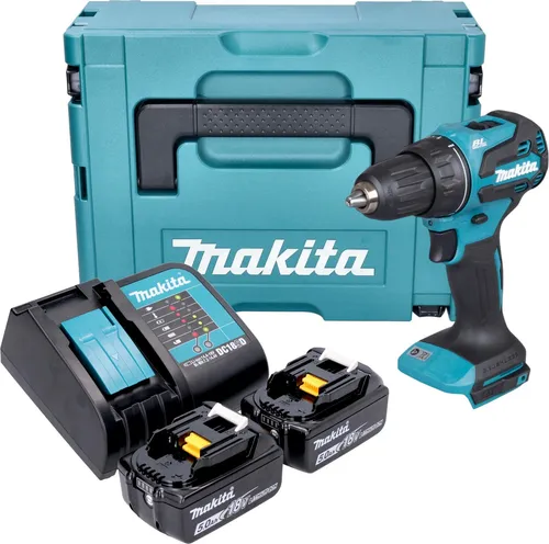 Makita DDF 490 STJ Akku Bohrschrauber 18 V - Akkuschrauber mit 65 Nm Drehmoment, 2x 5,0 Ah Akkus und Ladegerät, ideal für präzises Arbeiten dank stufenloser Geschwindigkeitsregelung und LED-Beleuchtung.