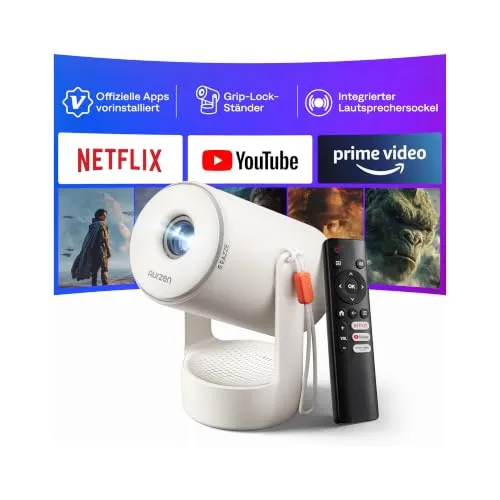 Aurzen E1 Mini Beamer mit Offiziellem Netflix, Smart Projektor Heimkino | 180° Drehbar, 3W Lautsprecher, HDR10, Automatischer Trapezkorrektur, WiFi & Bluetooth, 1.1:1 Kurzdistanz