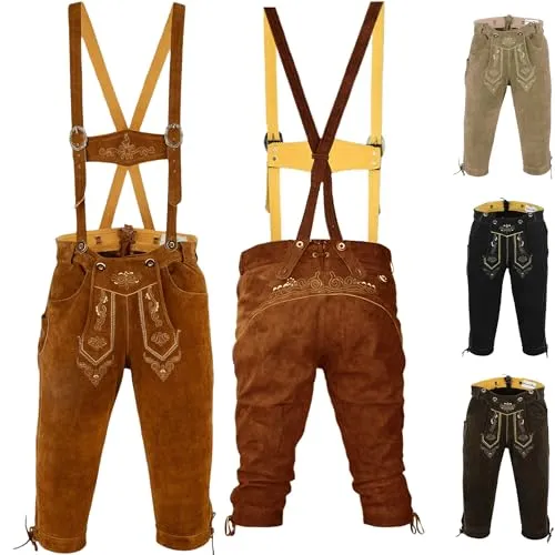 German Wear Trachten Lederhose Kniebundhose mit Hosenträger, Größe 48, Kastanienbraun - Traditionelle Trachtenlederhose aus 100% weichem Rindsveloursleder, ideal für Oktoberfest und Volksfeste – inklusive verstellbaren Hosenträgern für optimalen Tragekomfort.