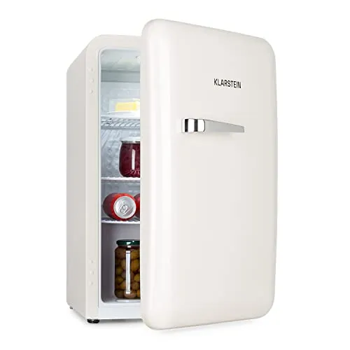 Klarstein Audrey Retro-Kühlschrank 70 Liter - Kühlschrank mit 3 Regalen und 2 Türfächern, ideal für kleine Haushalte und Partyräume, bietet luxuriösen Stauraum und perfekte Trinktemperaturen in stilvollem Retro-Design.