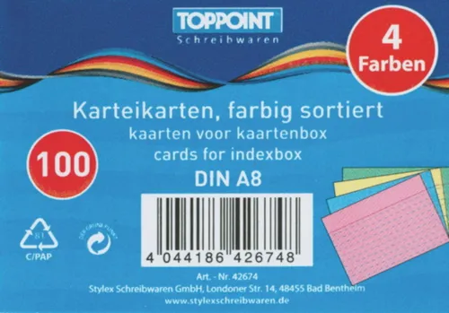 Stylex Schreibwaren Karteikarten 1000 (10x 100) Stylex Karteikarten DIN A8 liniert 52x74 farbig