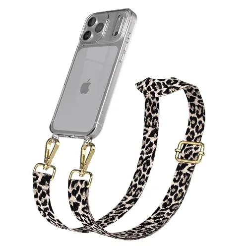 EAZY CASE Handykette - Verstellbares Taschenband kompatibel mit iPhone 17 Pro Max, Schulterriemen, Handykordel mit Silikon Hülle, Umhängetasche, Leo - Schwarz Beige Gold