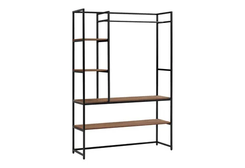 [en.casa] Kleiderständer Horgau mit Kleiderstange - Kleiderständer mit 3 Fächern und 2 Ablagen, einfacher Aufbau und stilvolles Design in Walnuss-Optik für optimalen Stauraum im Eingangsbereich oder Ankleidezimmer.