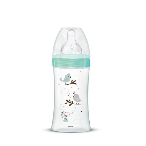 Dodie Babyflasche, Antikolik Initiation+, Glas, grün, Vogel, 270 ml, 0-6 Monate, runder Sauger, Fluss 2