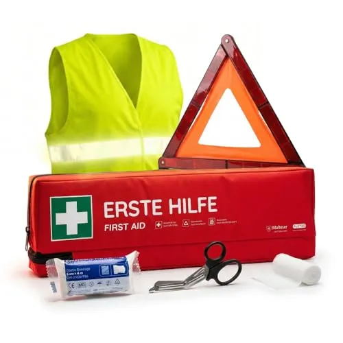 FLEXEO KFZ-Verbandtasche inkl. Warndreieck und Warnweste nach aktueller DIN 13164 | Gültig für 2026, in Deutschland und der EU | Verbandkasten/Erste Hilfe Set für PKW/Auto | Rot