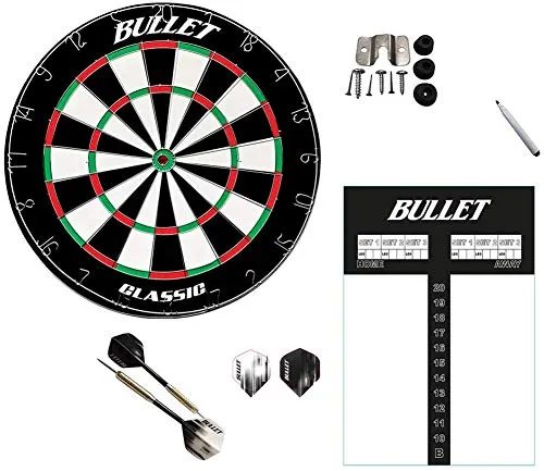 BULLET-Darts Set bestehen aus Dartscheibe, Scoreboard. 6X Steeldarts, Stift und Eraser