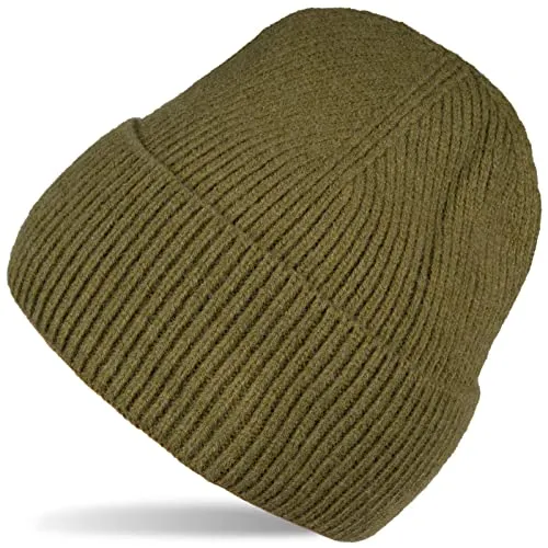 styleBREAKER Unisex Strickmütze mit Rippenmuster und breiter Krempe | Doppelt gestrickte Beanie Wintermütze | Warme Feinstrick Haube für Damen und Herren in vielen Farben, Farbe:Oliv