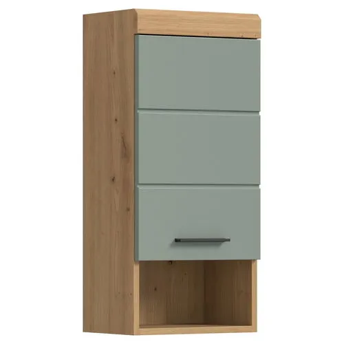 Hängeschrank 37 cm x 79 cm x 24 cm Front Salbei FSC® - Bad-Einbauschrank mit trendiger Eiche-Nachbildung und stilvoller Salbei-Front, ideal für modernen Badezimmer-Stil und bietet praktischen Stauraum.