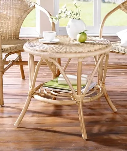 Dekoleidenschaft Rattantisch Natur lackiert, rund Ø 62 cm, Beistelltisch, Couchtisch, Wohnzimmertisch