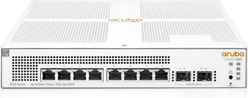 HPE-Aruba Switch Instant On 1930 8G, JL681A - 8-Port Managed Switch mit 8 PoE-Ports und 2 SFP-Ports. Robustes Metallgehäuse, ideal für flexible Netzwerkintegration und zentrale Verwaltung über mobile App.