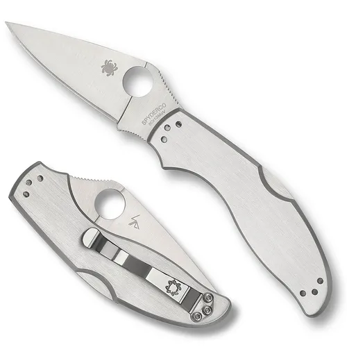 Spyderco UpTurn SS PlainEdge mit Edelstahlklinge und Edelstahlgriff, Backlock
