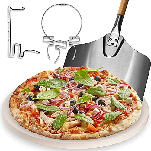 BABEQ - 3-in-1 Set aus Pizzastein für Grill & Backofen inkl. Pizzaschieber & Pizzaring für Kugelgrill - Cordierit Pizza-Ofen-Stein rund Ø 38cm 1,5cm dick mit Pizzaschaufel & Pizza-Clip für Weber-Grill