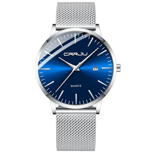 CRRJU Herren Uhr Ultra Dünne Wasserdicht Armbanduhr Herren Mode mit Schwarz Edelstahlband Mesh Analog Quarz Business Männer Uhren (Silber Blau)