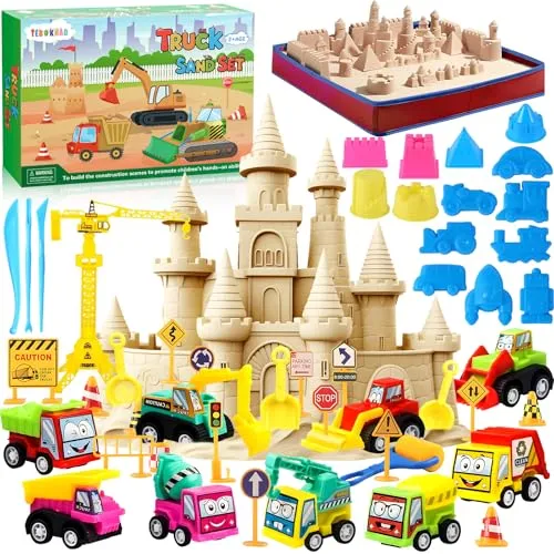 TEBOKHAD Kinetischer Sand Set Für Kinder,Magic Sand Für Kinder Set Mit Buntem Projektauto,Faltbarer Sandkasten,Schaufel,Trichter Löffel,20 Straßenschilder & 5 Werkzeuge für 3+ Junge Mädchen Und Jungen