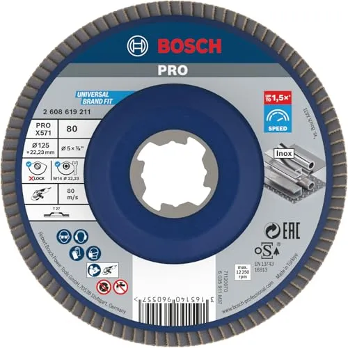 Bosch Professional gerade Fächerschleifscheibe Best (für Metall, X-LOCK, X571, Ø125 mm, Körnung K80, BohrungsØ 22,23mm), Ø 125 mm