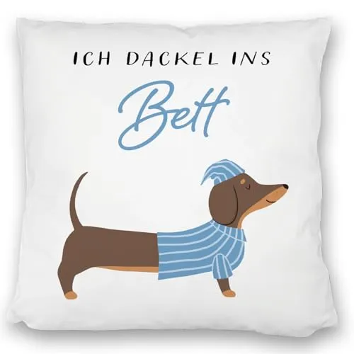 speecheese Dackel mit Pyjama Kissen satiniert mit Spruch Ich dackel ins Bett Hund Schlafen Schlafmütze SchlafKissen satiniert Relax Schlafanzug Pyjamaparty
