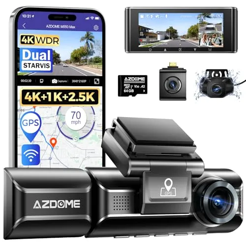 AZDOME M550 MAX 4K Dashcam - 3CH Dashcam mit 4K+1080P+2.5K Auflösung, Dual STARVIS für herausragende Nachtsicht und 24-Stunden-Parküberwachung. Inklusive 64GB SD-Karte und WiFi für einfache Videoübertragung.