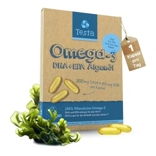 Omega 3 Vegan Algenöl – Hochdosiert 300mg DHA + 150mg EPA pro Kapsel
