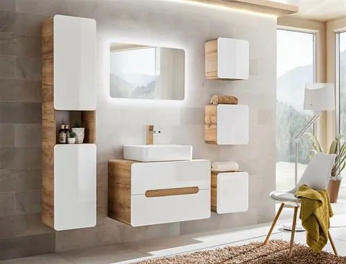 Badmöbel Set 6-tlg FERMO Weiss Hochglanz ohne Waschtisch - Modernes Badezimmermöbelset in Weiss Hochglanz mit 6 Teilen: Waschbeckenunterschrank, 4 Hängeschränke und Spiegel mit LED. Ideal für stilvolle und funktionale Badgestaltung.