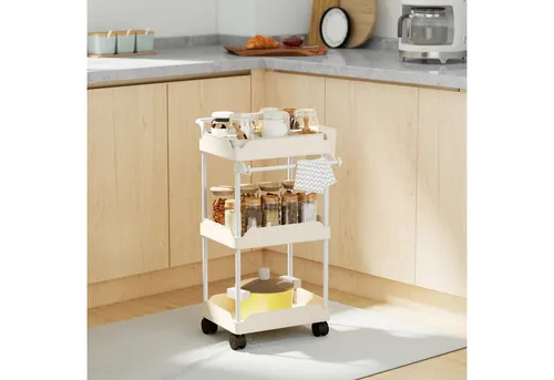 Homcom Küchenwagen Weiß, 42x76x42.5 cm, mit Rollen - Ordnung für Ihre Küche! Der Homcom Küchenwagen mit drei geräumigen Körben und zwei abnehmbaren Hängekörben sorgt für Übersichtlichkeit und einfachen Zugriff auf Ihre Utensilien. Ideal für Küche, Büro oder als Beauty-Wagen.