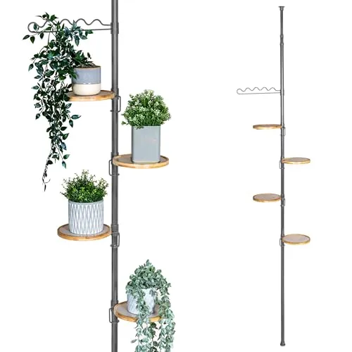 bremermann Teleskop-Blumenregal mit 4 Bambus-Ablagen - Blumenständer mit höhenverstellbaren Ablagen für eine flexible Raumgestaltung. Ideal, um Pflanzen dekorativ und platzsparend zu präsentieren. Montage ohne Bohren, für Deckenhöhen von 140 bis 290 cm.