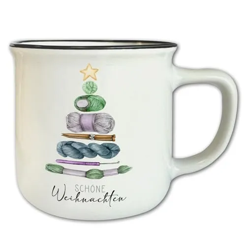 Vintage Tasse Weiß mit Spruch T138 ″Schöne Weihnachten″ Motivtasse Geschenk Stricken Häkeln Retro Keramik 330 ml