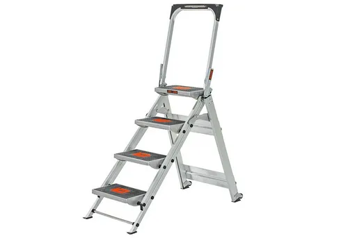JUMBO Stillads Trittleiter Klapptrittleiter Aluminium 4 Stufen 41LG410B - Robuste 4-Stufen-Klappleiter aus Aluminium für sicheren Einsatz im Lager, Einzelhandel oder Handwerk. Mit rutschfesten Stufen und integriertem Ablagefach für Werkzeug. Kompakt und leicht zu transportieren.