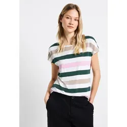 T-Shirt STREET ONE, Damen, Gr. 44, weiß (sanftes weiß), Stoff, 95% Viskose, 5% Elasthan, gestreift, comfort fit normal, Rundhals, Bündchen, Shirts T-Shirt, mit Rundhalsausschnitt