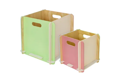 HMF Aufbewahrungsbox aus Holz, 2er Set zum Zusammenstecken - Praktische Aufbewahrungsboxen aus Holz in zwei Größen, ideal für Spielzeug und Utensilien. Schnell zusammensteckbar mit dekorativen Farben für mehr Ordnung im Kinderzimmer oder Büro.