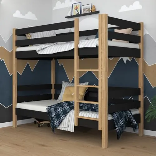 N-wood N01 Etagenbett, Kinderbett 120x200 cm, für 2 Kinder, 2 Leitermontageseiten, 2 getrennte Betten, abgerundete Kanten, Stabile Massivholzkonstruktion, Hochwertige Materialien, Schwarzeiche