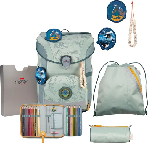 DerDieDas ErgoFlex Easy Exklusiv Neon Schulranzenset 5-teilig Grey Planet - Schulranzen-Set für Schulanfänger mit ergonomischem, gepolstertem Rücken, perfekt für Kinder. Stilvolles Design für ein unvergessliches Grundschuljahr. Maße: 29 x 40 x 25 cm.