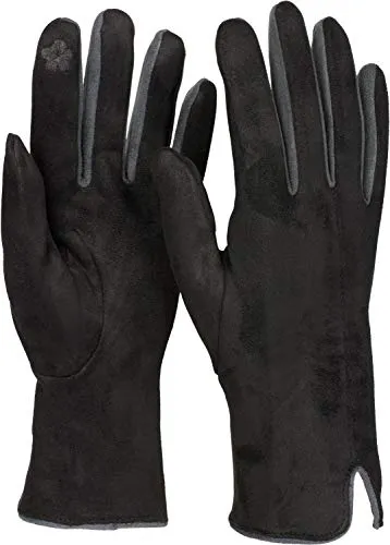 styleBREAKER Damen Touchscreen Handschuhe mit Farbkontrast und Fleece Futter | warme Winterhandschuhe | weiche elastische Thermo Fingerhandschuhe, Farbe:Schwarz