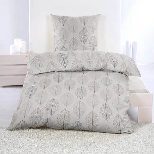 Biber Bettwäsche 135x200 cm | 2tlg. Set in Beige mit Blätter - Bettwäsche-Sets aus 100% Baumwolle mit hochwertigem Reißverschluss, kuschelig und atmungsaktiv für erholsame Nächte. Pflegeleicht und trocknergeeignet.