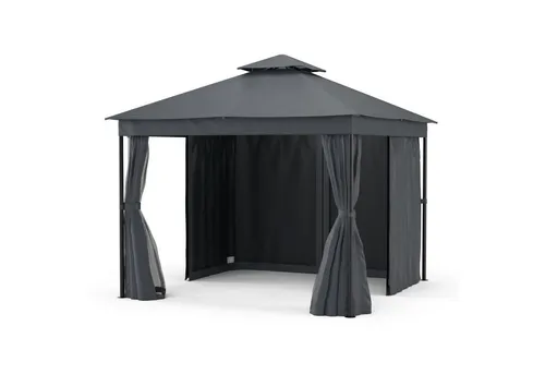 blumfeldt Mondo Dual Pavillon 3x3 – Doppeldach & Moskitonetze - Pavillon mit wetterfestem Metallrahmen, ideal für kleine Räume. Genießen Sie Privatsphäre und Schutz dank Vorhängen und Moskitonetzen.
