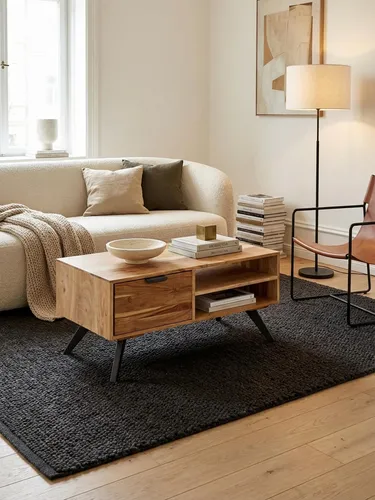 Massivholz Couchtisch 95x45x45 cm aus Akazie - Eleganter Couchtisch aus Akazie mit einzigartiger Holzmaserung, bietet großzügigen Stauraum durch eine Schublade und zwei Fächer – ideal für jedes Wohnzimmer.
