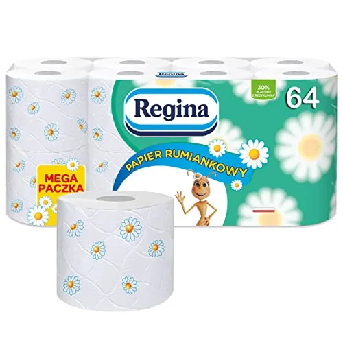Regina Toilettenpapier mit Kamillenduft, 64 Rollen - weich und robust - Das dreilagige Toilettenpapier von Regina überzeugt durch samtige Weichheit und hohe Langlebigkeit. Ideal für empfindliche Haut, mit natürlichem Weiß aus 100% Zellulose und einem dezenten Kamillenduft.