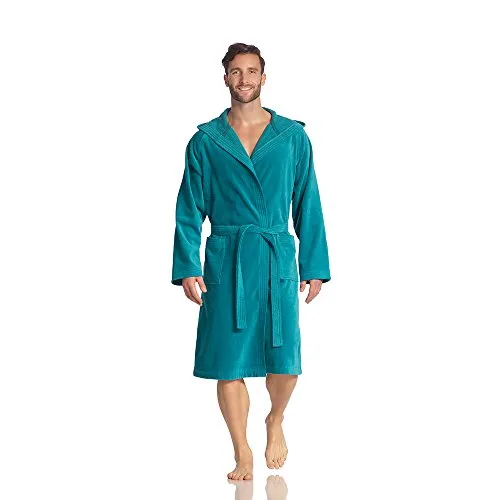 Vossen Unisex-Bademantel Texas - Bademantel für Sauna & Spa, aus 100% Baumwolle, mit Kapuze und Gürtel, ideal für Damen & Herren in Kurzform, Pflege leicht bei 60°C maschinenwaschbar.