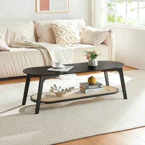 [en.casa] Couchtisch Taivalkoski mit Stauraum - Beistelltisch für das Wohnzimmer aus robustem Bambus und Rattanoptik, bietet zusätzlichen Stauraum für Zeitschriften und Dekoration, ideal für einen aufgeräumten Wohnbereich.