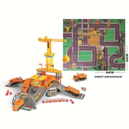 Baustelle mit Spielteppich, beweglichem Krahn, 2 Baustellen - Fahrzeuge